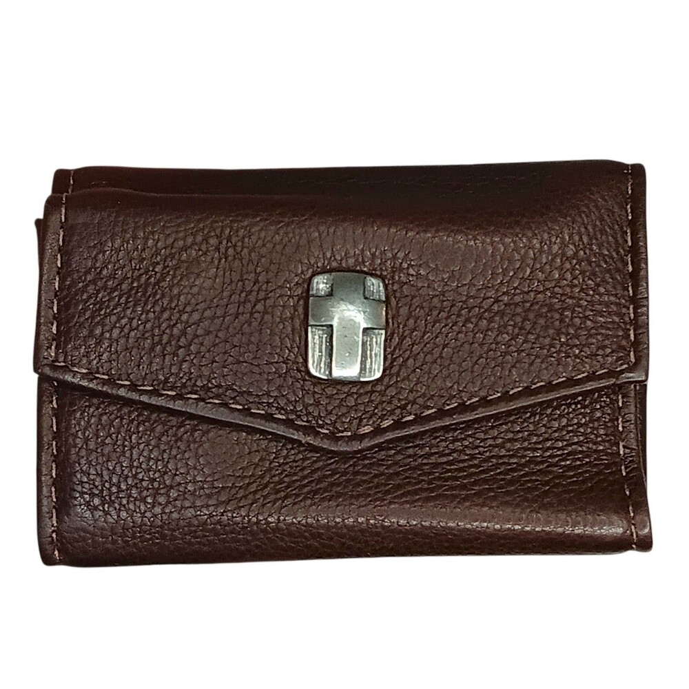 Vintage Bob Siemon Designs Brown Leather Key Holder Pewter Cross Snap 2.5" x 4"